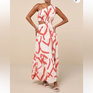 Little Lies ($270) Yasmin Cream and Coral Abstract Linen One-Shoulder Maxi Dress